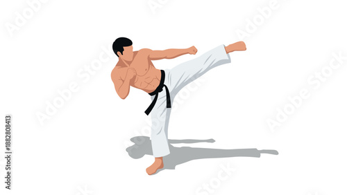 Martial art fighter executing high kick in karate gi on white background
