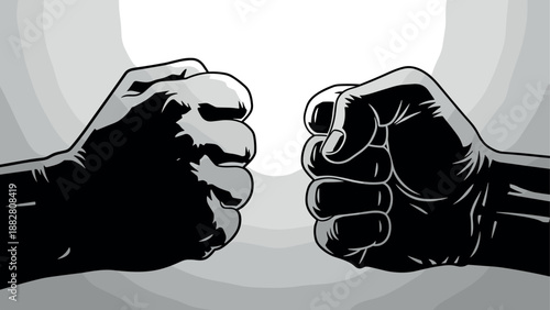 Dynamic clenched fists: graphic art of strength and conflict in black and white