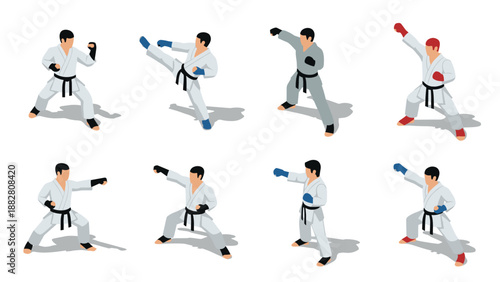 Isometric martial arts poses featuring karate and kickboxing athletes