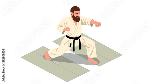 Karate practitioner in action pose with gi on tatami mat
