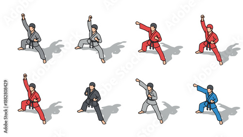 Set of karate poses in isometric style featuring martial artists in colorful uniforms
