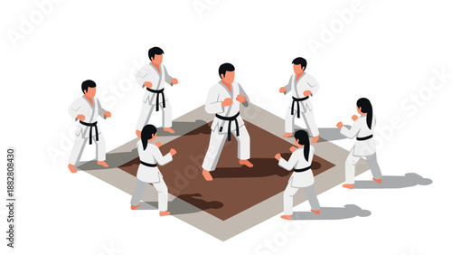 Karate class training in isometric style with diverse participants on a tatami mat
