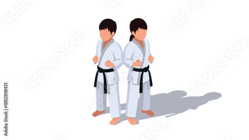 Isometric martial arts duo in karate uniforms with black belts