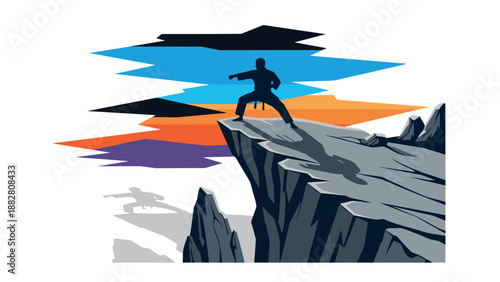 Karate master on cliff: dramatic silhouette in colorful landscape