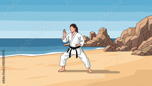 Martial artist practicing karate by the sea in flat style illustration