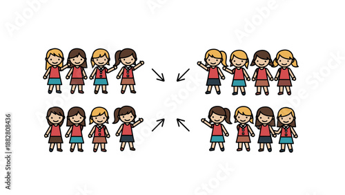 Cartoon team collaboration: girls communicating in groups with arrows