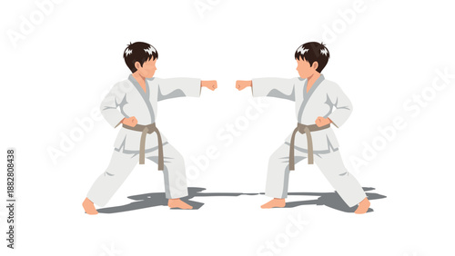 Two kids practicing karate in white uniforms with brown belts sparring on white background