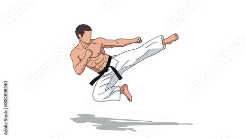 Martial arts expert performing high kick in karate uniform