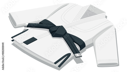 Traditional martial arts attire with black belt on white background