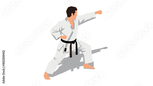 Karate martial artist in white gi demonstrating a punching stance