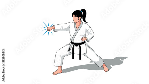 Karate martial artist in action: dynamic pose with black belt on white background