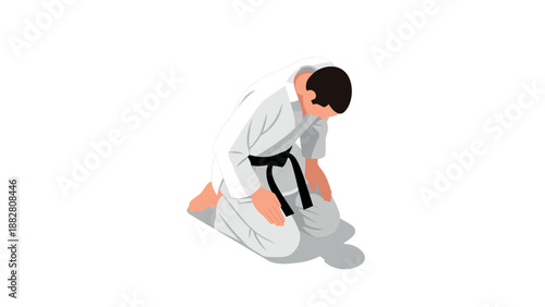 Martial artist in white gi kneeling with respect in isometric style