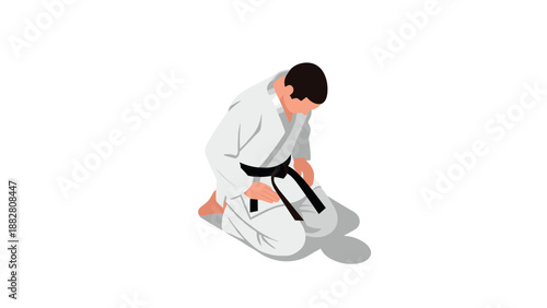Karate practitioner in traditional gi with black belt in isometric style