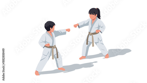 Isometric karate training scene with two kids practicing martial arts in white gi