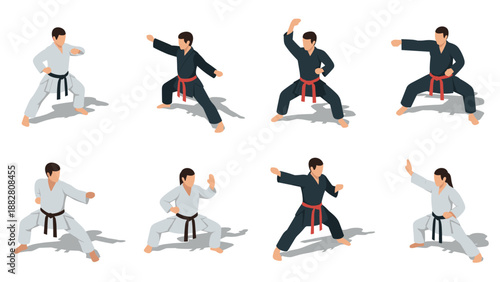 Karate training poses in isometric style featuring martial arts techniques