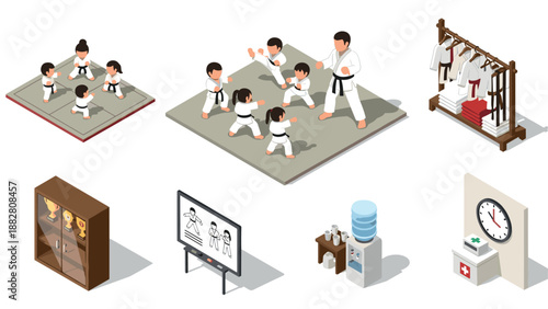 Isometric karate training scenes with instructors and equipment