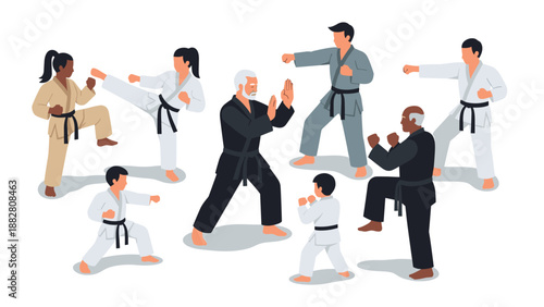 Martial arts training with diverse group of practitioners in various karate poses