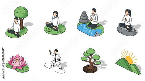 Peaceful meditation and nature elements in isometric style
