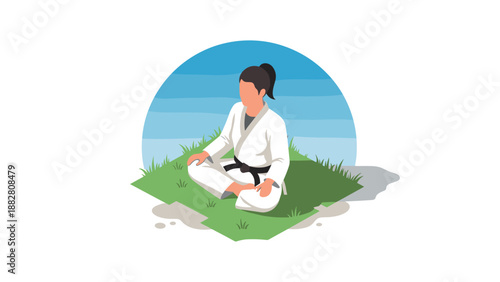 Isometric martial artist meditating on grass in karate gi with blue sky