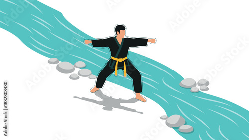 Martial artist balancing on stones in river with shadow reflection in minimalist design