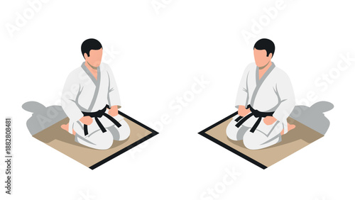 Isometric martial arts characters in meditation pose on tatami mats