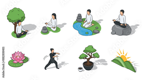 Isometric meditation and tai chi set with nature elements