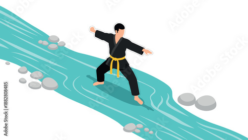 Isometric martial artist in black gi practicing kata on flowing water