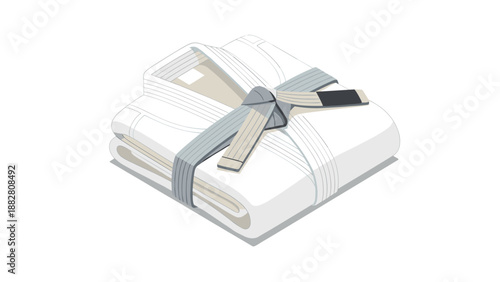 Folded karate gi with belt and smartphone on white background