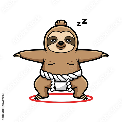 Cute sleepy sloth sumo wrestler in ring cartoon vector illustration

