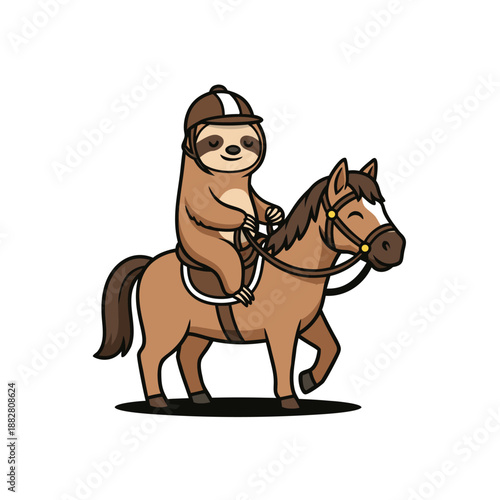 Cute sloth riding horse cartoon vector illustration

