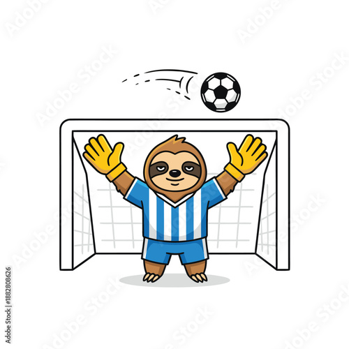 Cute sloth soccer goalkeeper saving ball cartoon vector illustration

