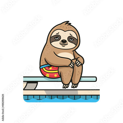 Cute nervous sloth on swimming pool diving board vector illustration

