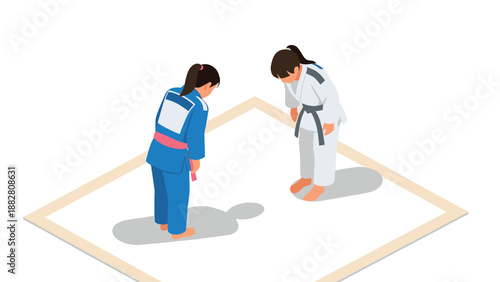 Isometric judo training: two fighters bowing on tatami mat