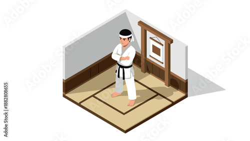 Isometric martial arts dojo scene with karate student in traditional gi