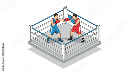 Dynamic isometric boxing match illustration featuring two fighters in a ring