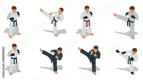 Isometric martial arts characters performing karate and taekwondo kicks in various attires