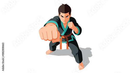 Martial artist in fighting stance with dynamic punch in modern flat style