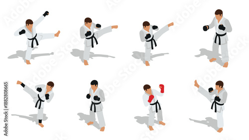 Isometric martial arts black belt karate fighters in white gi training and sparring