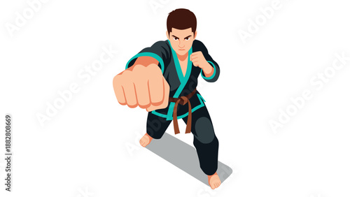Dynamic martial arts action pose with karate practitioner in black uniform