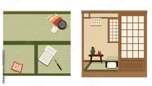 Traditional japanese tatami room with shoji screen and tea set