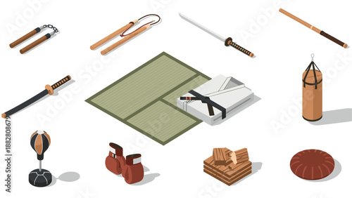 Isometric martial arts equipment set featuring tatami, nunchaku, katana, and more for training and competition