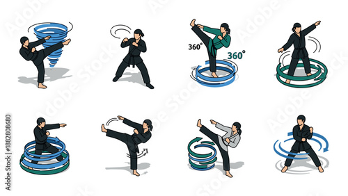 Dynamic martial arts movement guide with isometric animations