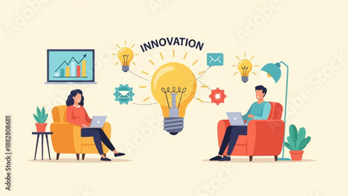 Diverse individuals brainstorm and innovate with laptops, illuminated by lightbulbs