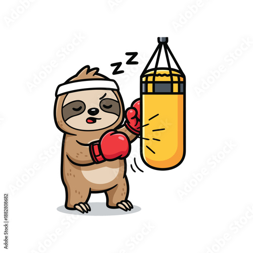 Cute sleepy sloth boxer with punching bag cartoon vector illustration

