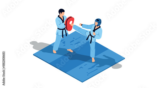 Dynamic martial arts training scene in isometric style with two practitioners on mat