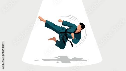 Karate practitioner in dynamic kick highlighted by spotlight