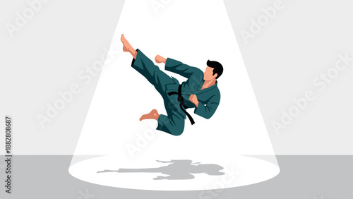 Martial artist performing high kick under spotlight in dynamic pose