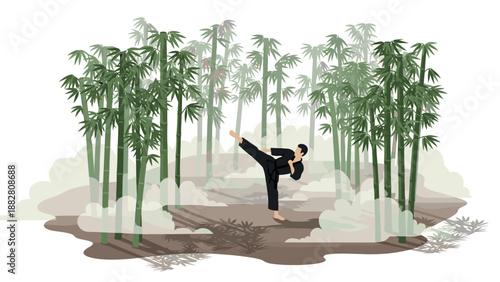 Martial artist practicing kicks amidst tranquil bamboo forest in misty atmosphere