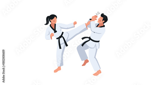 Dynamic martial arts sparring with karate kick in action