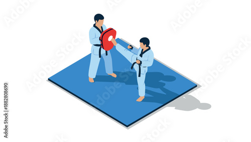 Isometric martial arts training: taekwondo practice with pad on blue mat